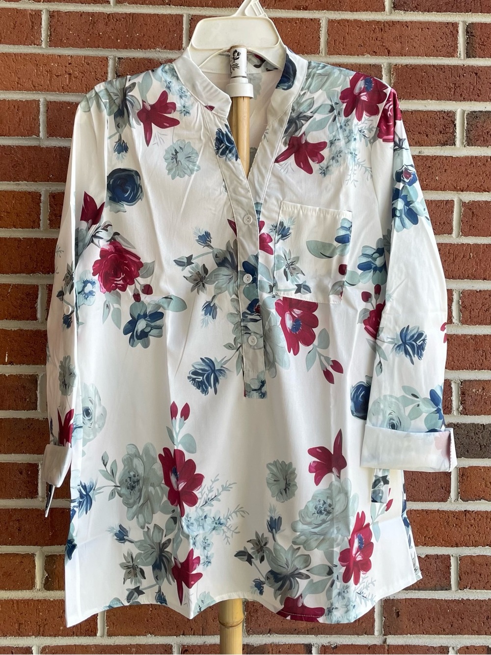 Women's Floral Split-Neck Tunic Top - White with Blue & Pink Flowers